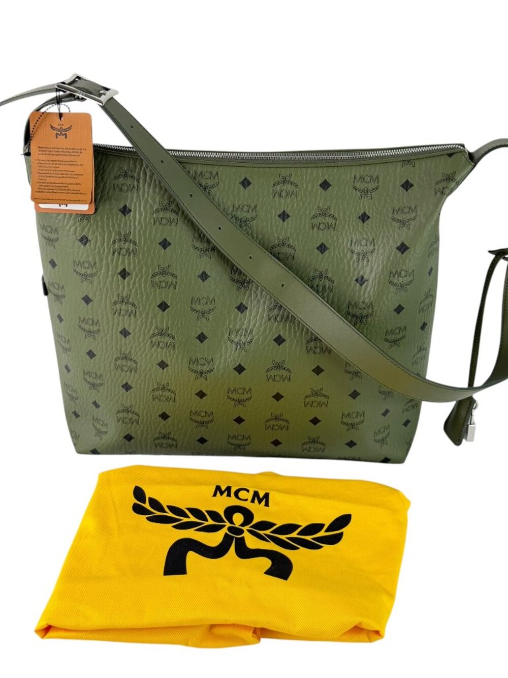 MCM Large Aren Visetos Military Green Leather Shoulder Hobo Bag